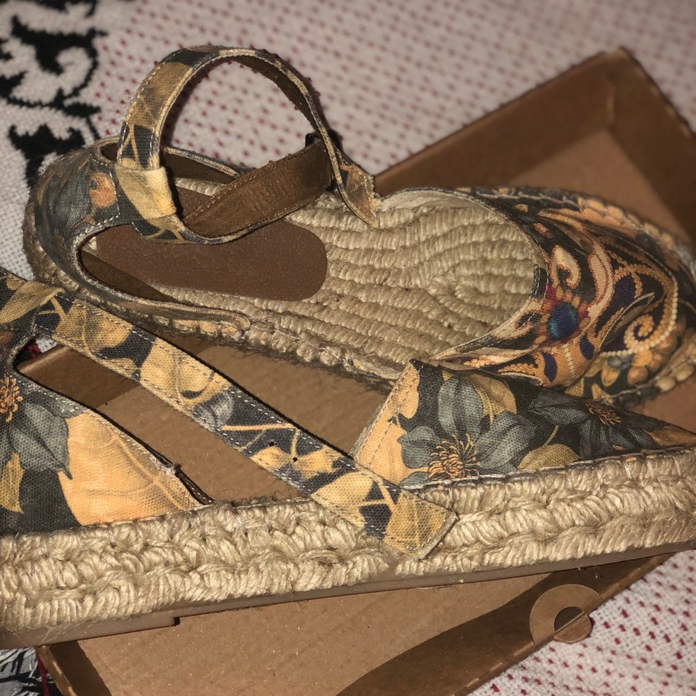 Yellow and blue floral ankle strap espadrilles